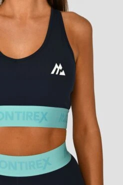 Icon Contrast Sports Bra - Midnight Blue/Arctic Blue/Neon Sky -Montirex ICONCONTRASTSPORTSBRA NEONSKY MIDNIGHTBLUE CLOSEUPLOGO