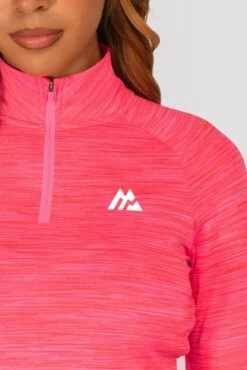 Women's Trail 2.0 1/4 Zip - Neon Pink/Red -Montirex TRAIL 2.0 1 4 ZIP NEON PINK MAGENTA PINK PUNCH SHOCKING PINK FIESTA RED LOGO CLOSEUP